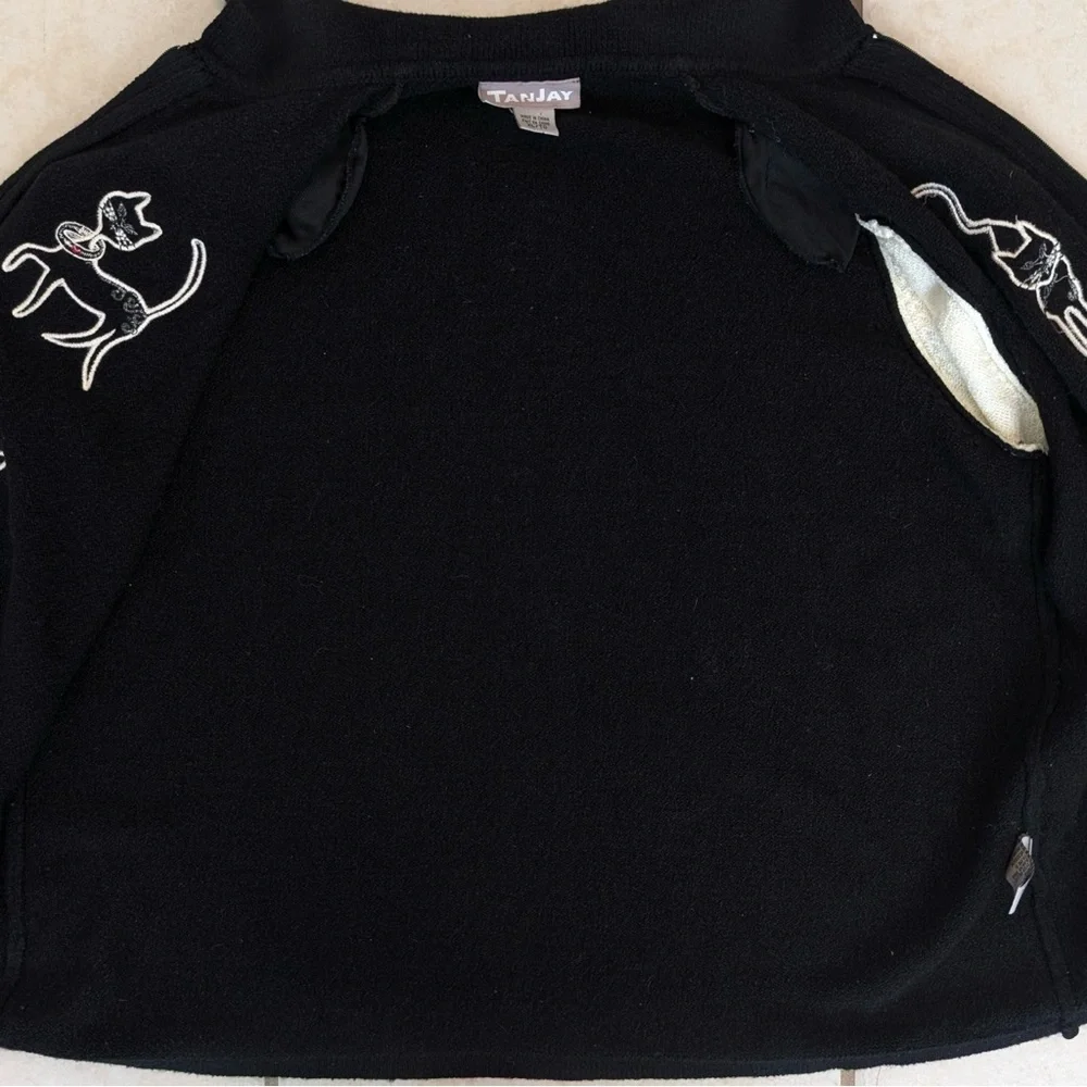 90s Vintage Tanjay Cat Grandma Sweater Size XL Heart Shaped Zipper Black & White - Picture 15 of 16